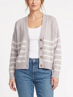 On 34th Striped V-Neck Button Front Cardigan Sweater Taupe Size M